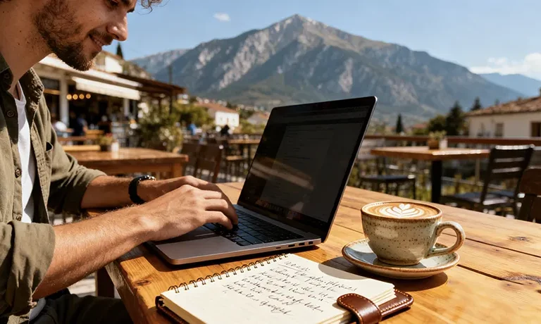 Digital Nomad's Guide to Albania: Long-Term Car Rental, Workspaces & Living Costs for Remote Workers 1 - Car Rent in Albania Digital nomad working at Albanian cafe with mountain views, laptop and coffee
