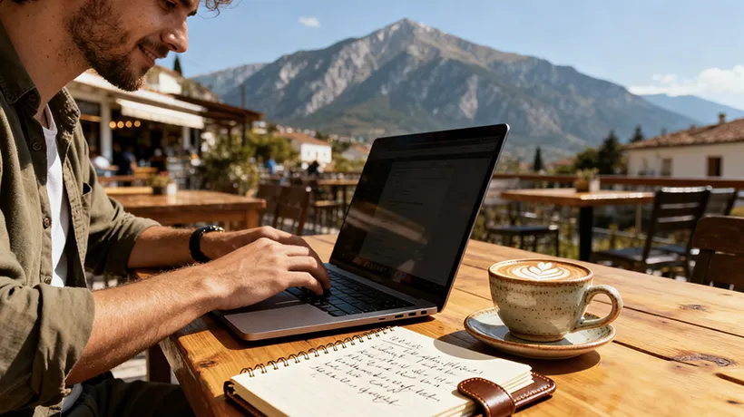 Digital Nomad's Guide to Albania: Long-Term Car Rental, Workspaces & Living Costs for Remote Workers 1 - Car Rent in Albania Digital nomad working at Albanian cafe with mountain views, laptop and coffee