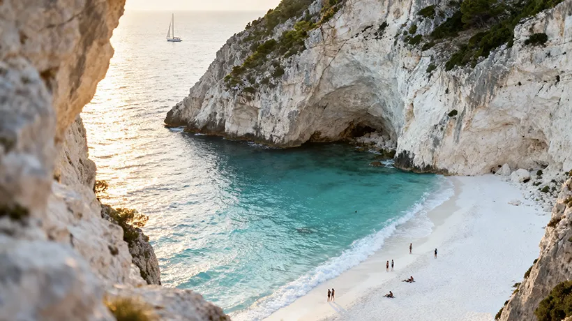 Secret hidden beach cove in Albania with turquoise water and limestone cliffs