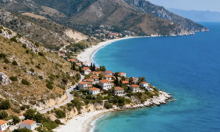 The Albanian Riviera Complete Guide: Best Beaches, Towns & Ultimate 5-Day Road Trip 1 - Car Rent in Albania Aerial view of beautiful Albanian Riviera coast with turquoise waters and sandy beaches