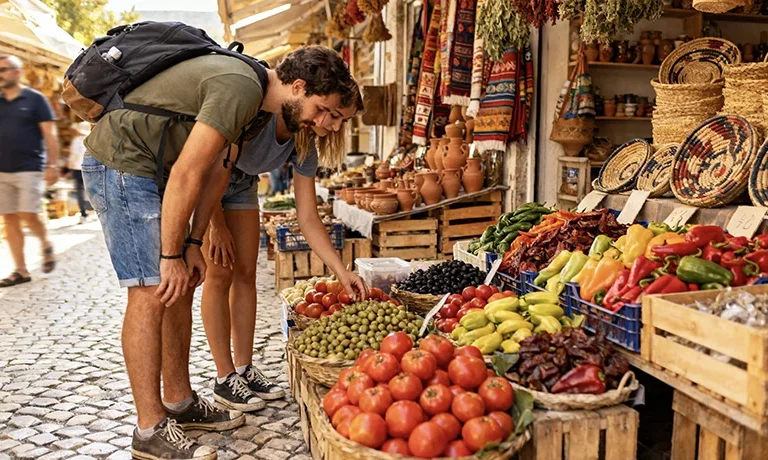 Budget backpackers exploring Albania local markets and street culture