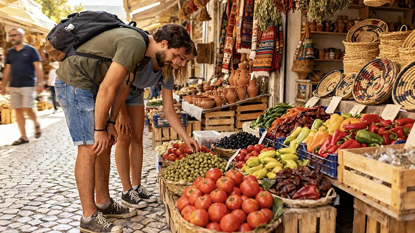 Budget backpackers exploring Albania local markets and street culture