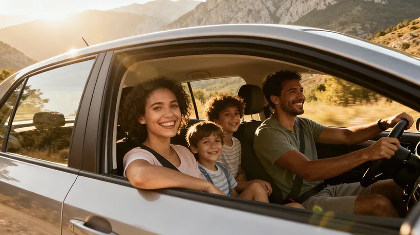 Family Road Trips in Albania: Safe Drives, Kid-Friendly Stops & Complete 7-Day Family Itinerary 1 - Car Rent in Albania Happy family road trip in rental car driving through Albania scenic landscape