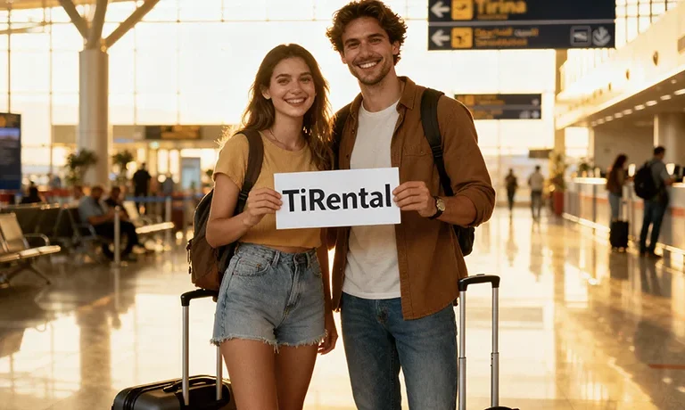International tourists at Tirana Airport receiving free TiRental car pickup service