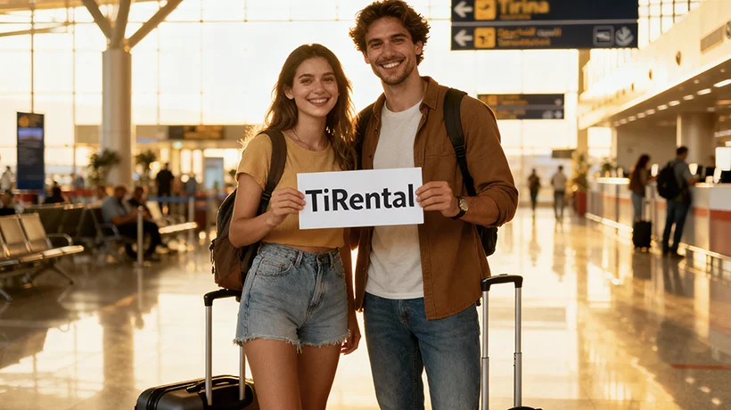 International tourists at Tirana Airport receiving free TiRental car pickup service