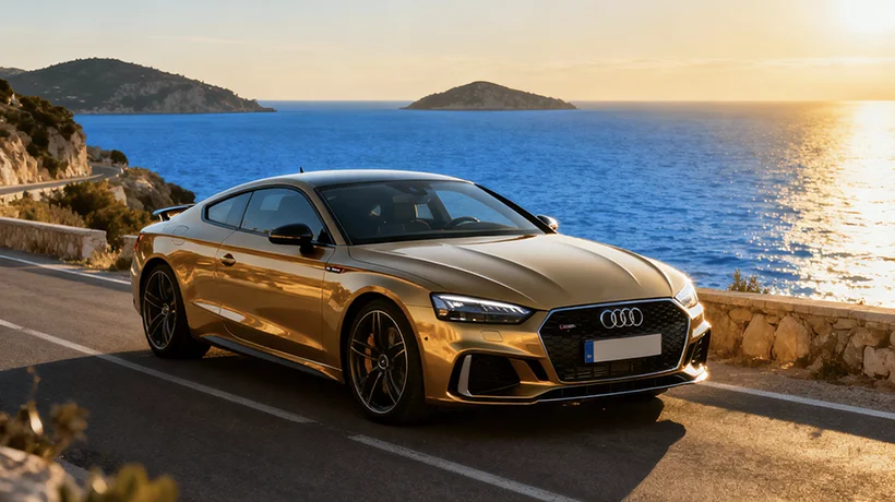 Luxury sports car rental in Albania with Mediterranean sea view in background