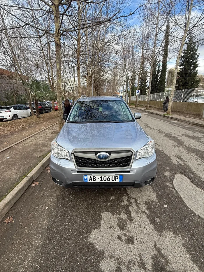 Front view of Subaru Forester 2015 silver 4x4 automatic SUV for rent in Albania