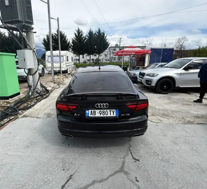 White Audi A7 2017 3.0 TDI diesel automatic luxury sedan with panoramic sunroof, parking sensors and reverse camera available for rent from TiRental in Albania
